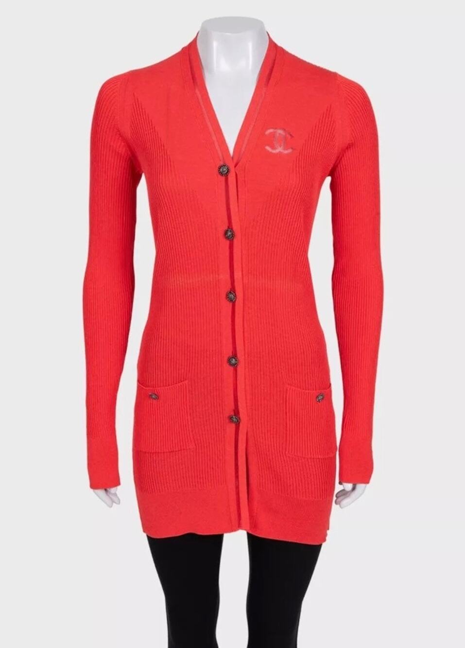 CHANEL Red Silk Cotton Blend Fitted Long Cardigan FR 38 M